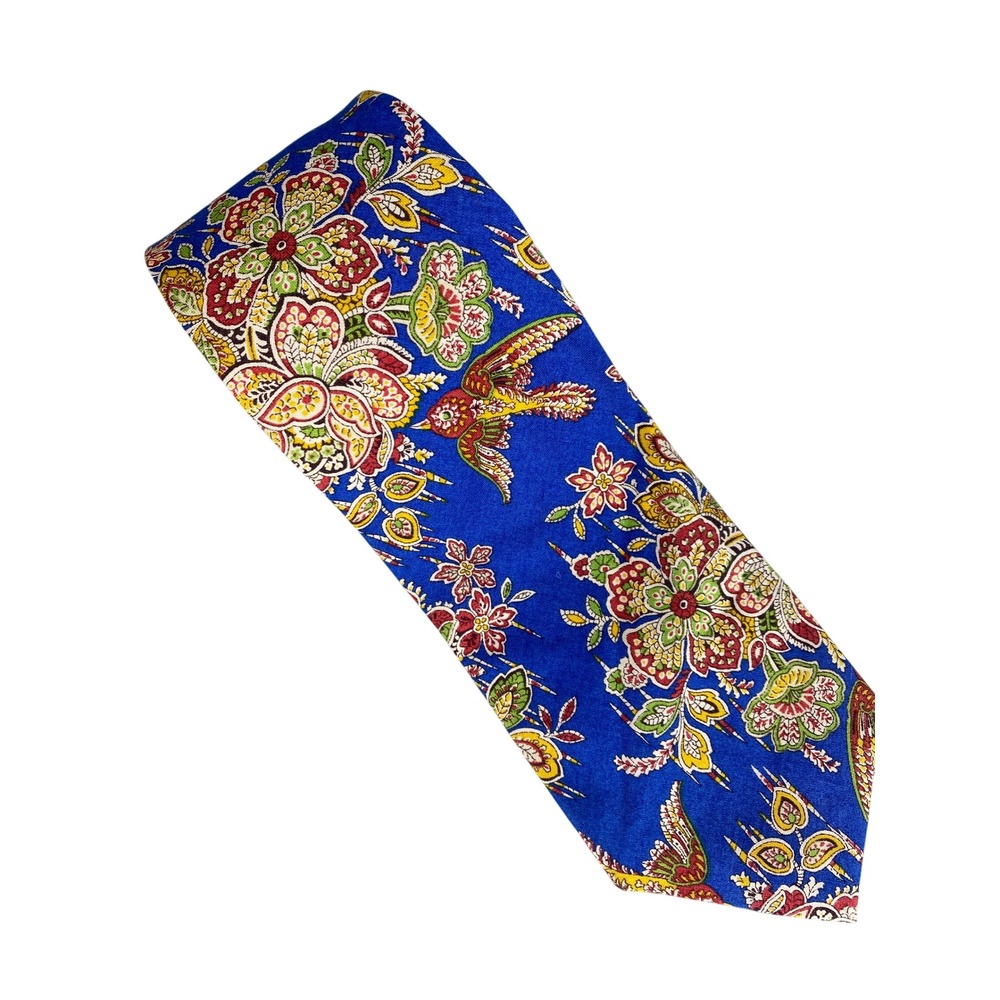 VTG Tango by Max Raab Cotton Tie Mens Blue Floral Bird Chintz Botanical 55x3.75